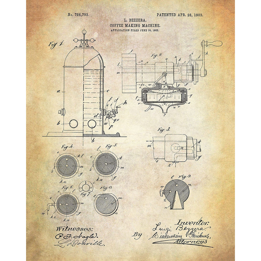 Patent of the first coffee machine in the world, filed by Luigi Bezzera in 1902